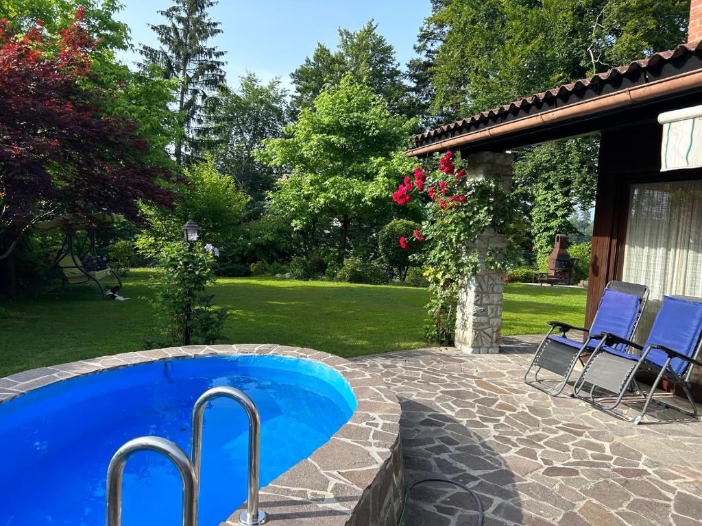 卢布尔雅那Family lake house Zbilje的一个带两把椅子的庭院内的游泳池
