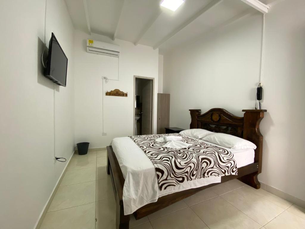 图卢阿Hotel Monaco的一间卧室配有一张床,墙上配有电视