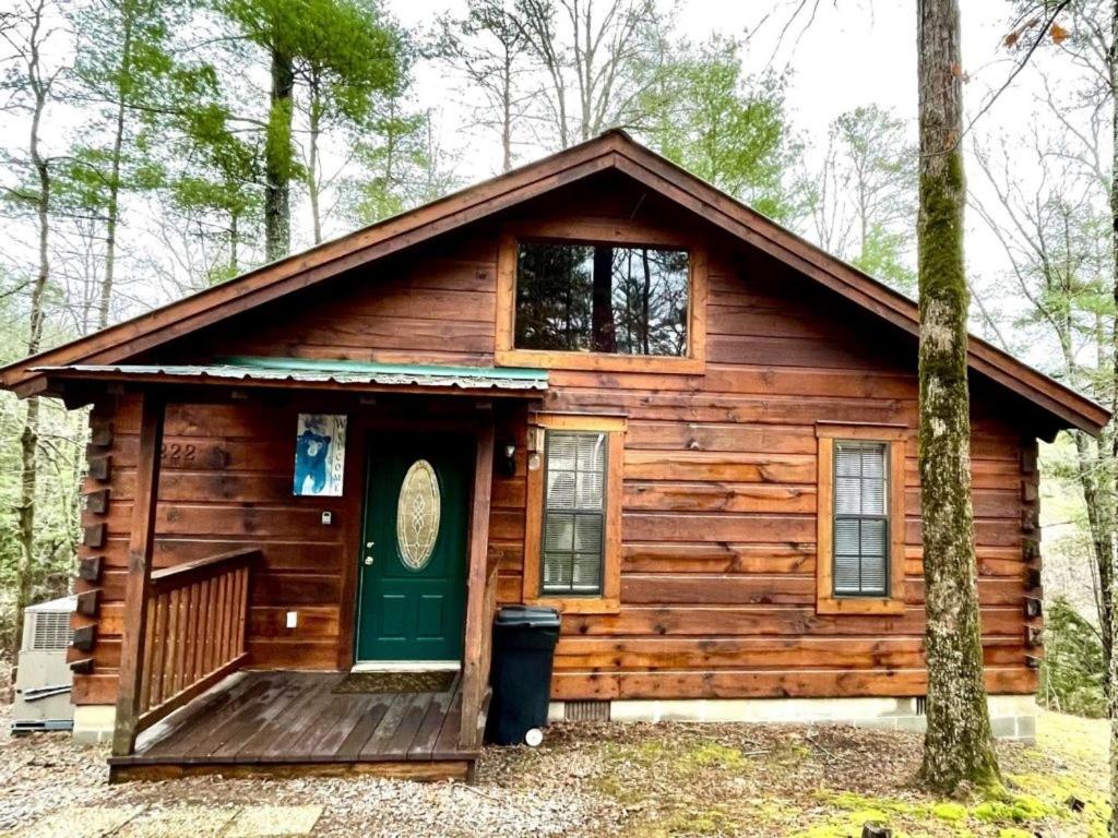 Tellico PlainsCrazy Bear - Motorcycle Friendly Home with Hot Tub and Grill的树林中的小屋,带绿门