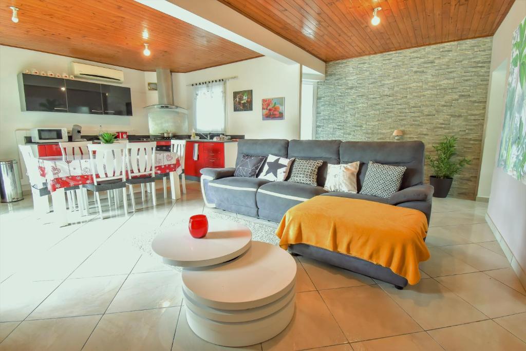 珀蒂蒂勒AU MEUBLE DURANTAS的带沙发的客厅和厨房