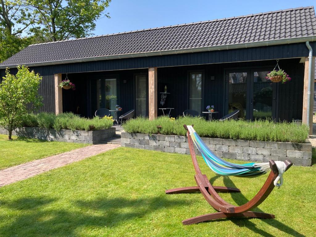 BunneDe Burcht-Drenthe的坐在房子前面的草上椅子