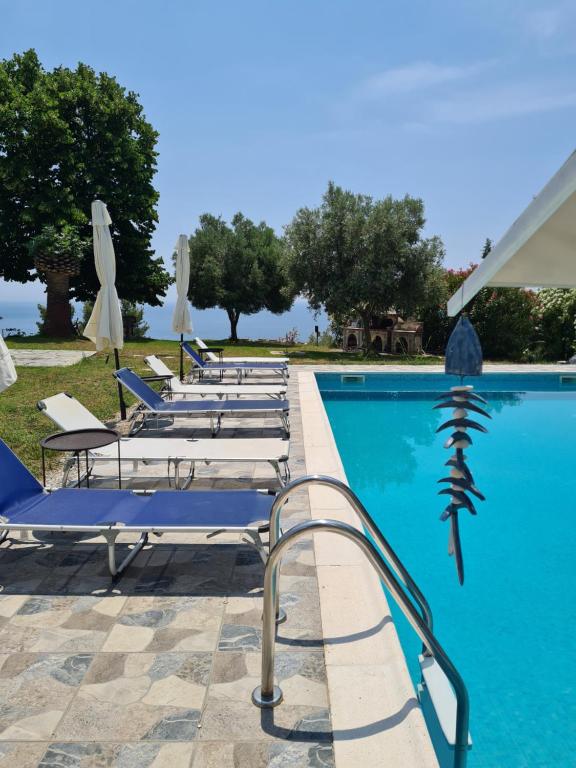 尼尔斯吉尼Greco Paradise Suites - ADULT ONLY的游泳池旁的一排躺椅
