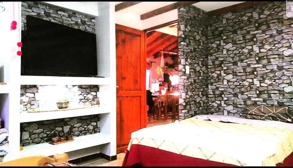 埃尔卡拉法特Cabaña Onty的一间卧室设有石墙和电视