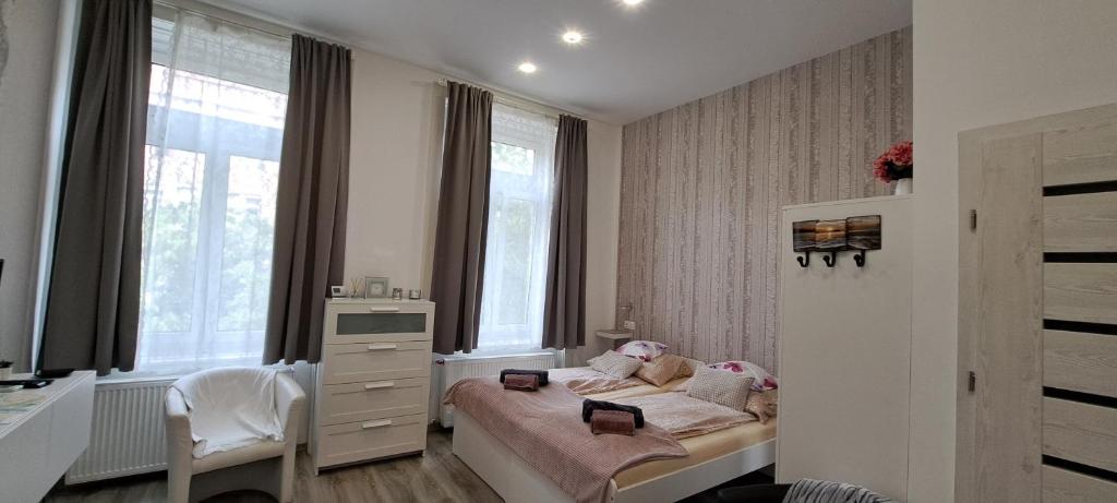 塞格德Pompár Belvárosi Apartman的一间卧室配有一张带梳妆台和窗户的床。