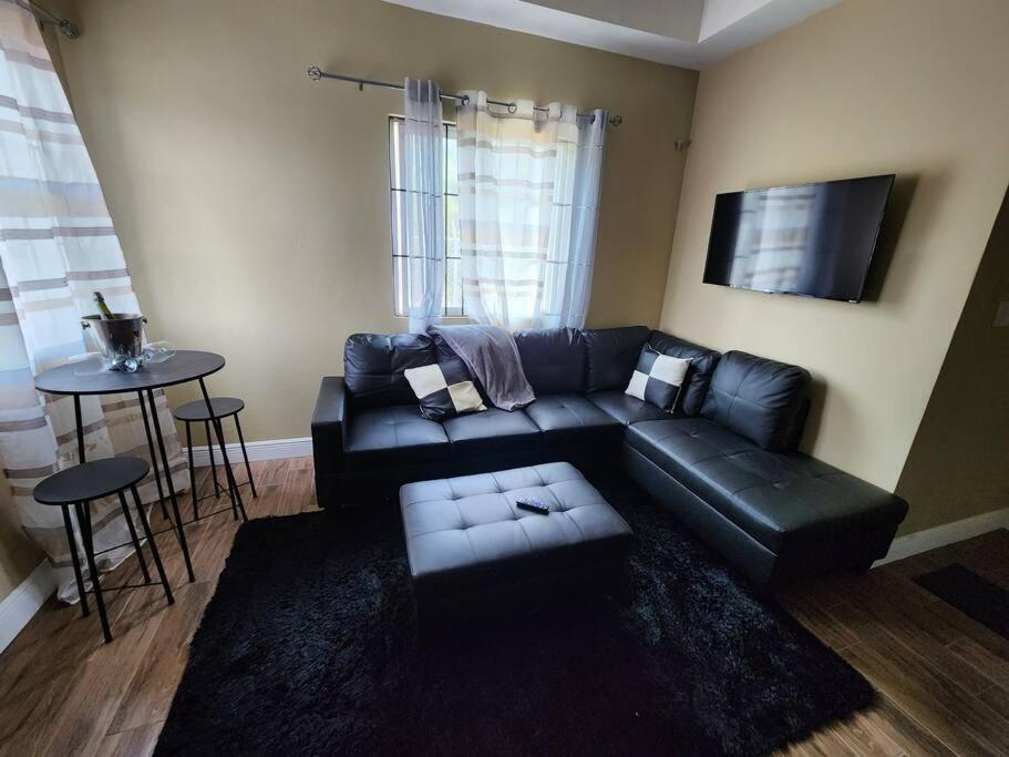普罗维登西亚莱斯岛StoneSide Villa的客厅配有黑色真皮沙发和桌子