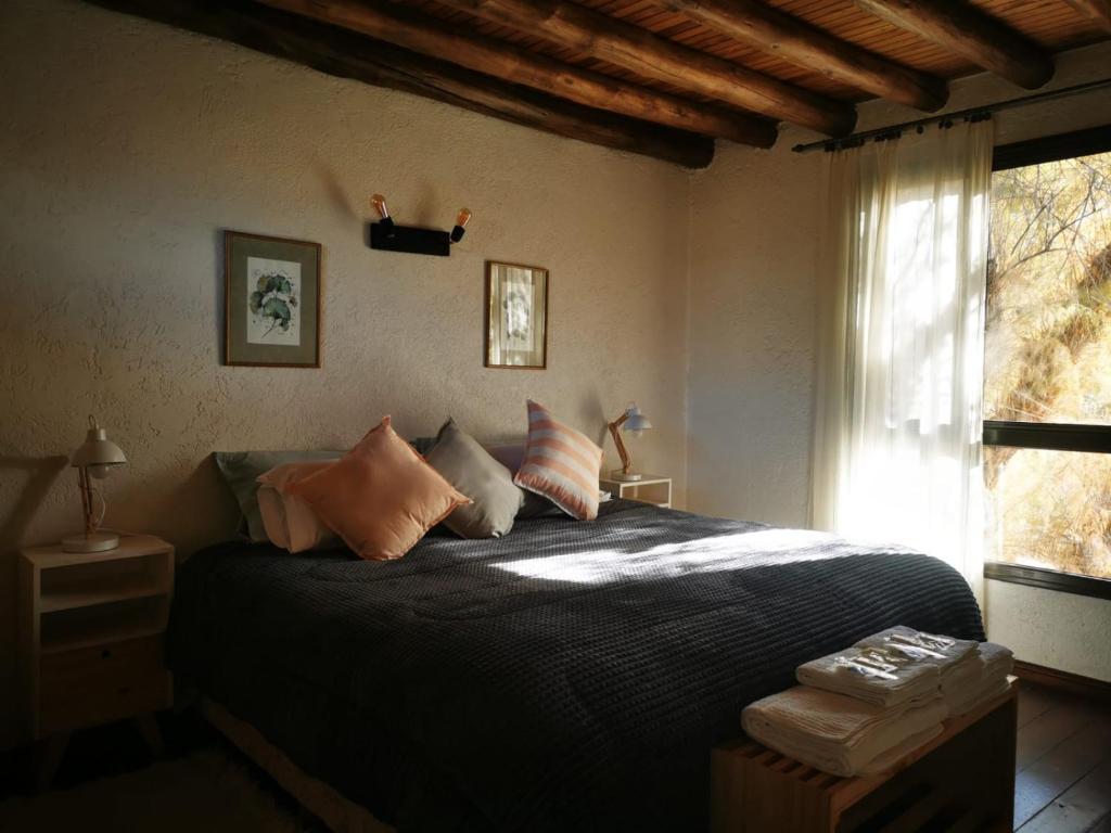 图努扬Complejo Nogales的卧室配有带枕头的床铺和窗户。