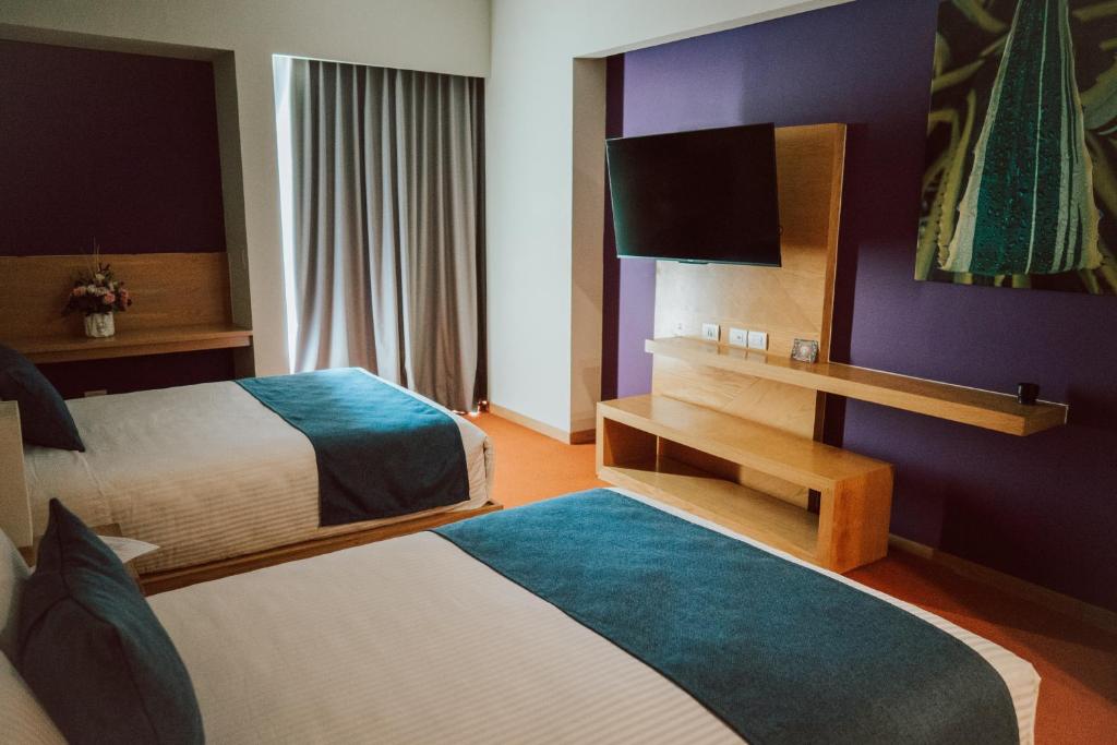 伊拉普阿托Gran Hotel Concordia的酒店客房设有两张床和一台平面电视。