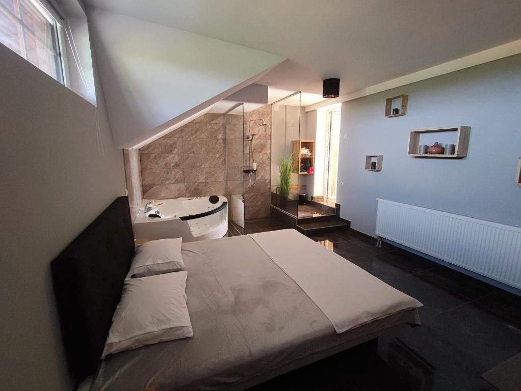 Spodnji IvanjciGuesthouse and Wellness VINEA的一间带大床的卧室和一间浴室