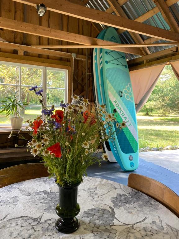 黑德梅埃斯泰Suurkivi Nature Escape的一张桌子上的花瓶,上面有冲浪板