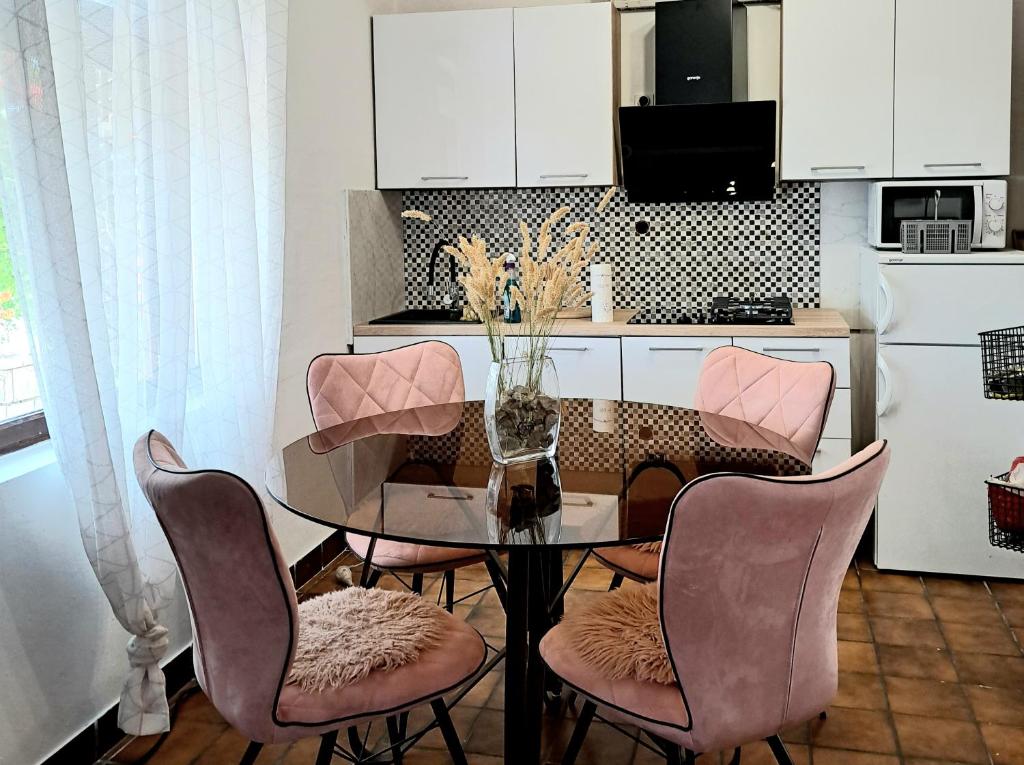 巴比诺波尔杰Guest House Tanja的配有粉红色椅子的餐桌和厨房