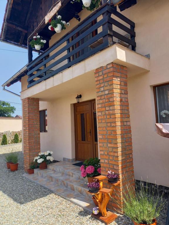 克尔茨什瓦拉乡Casa Loredana的一个小房子,设有楼梯和阳台