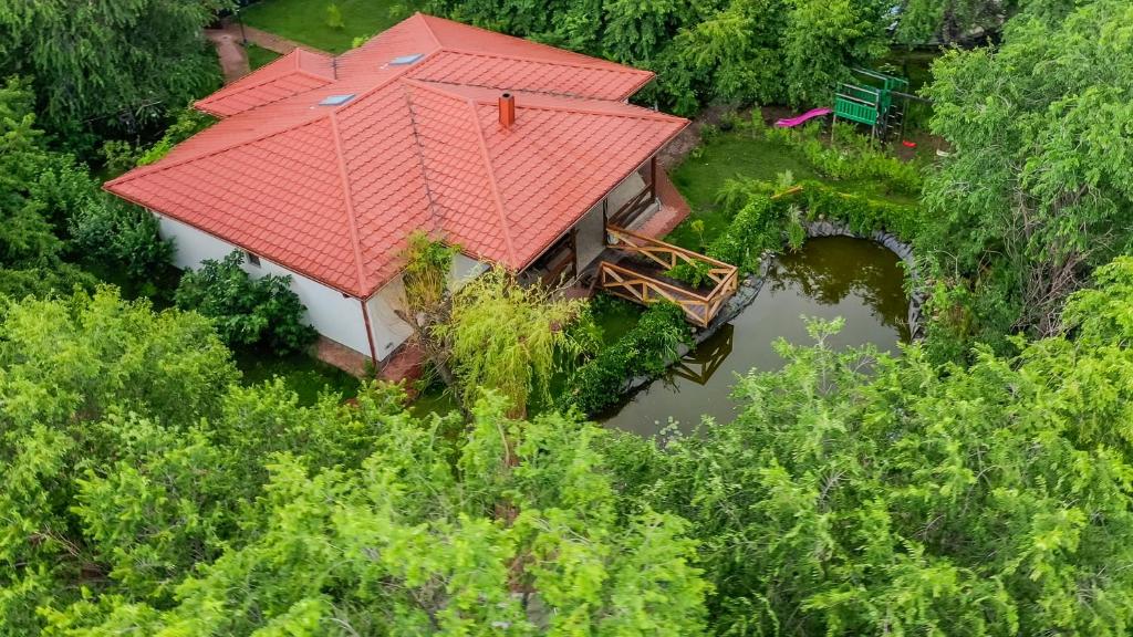 布泽乌Casa Arcadia Buzau Monteoru的享有红色屋顶房屋的顶部景色