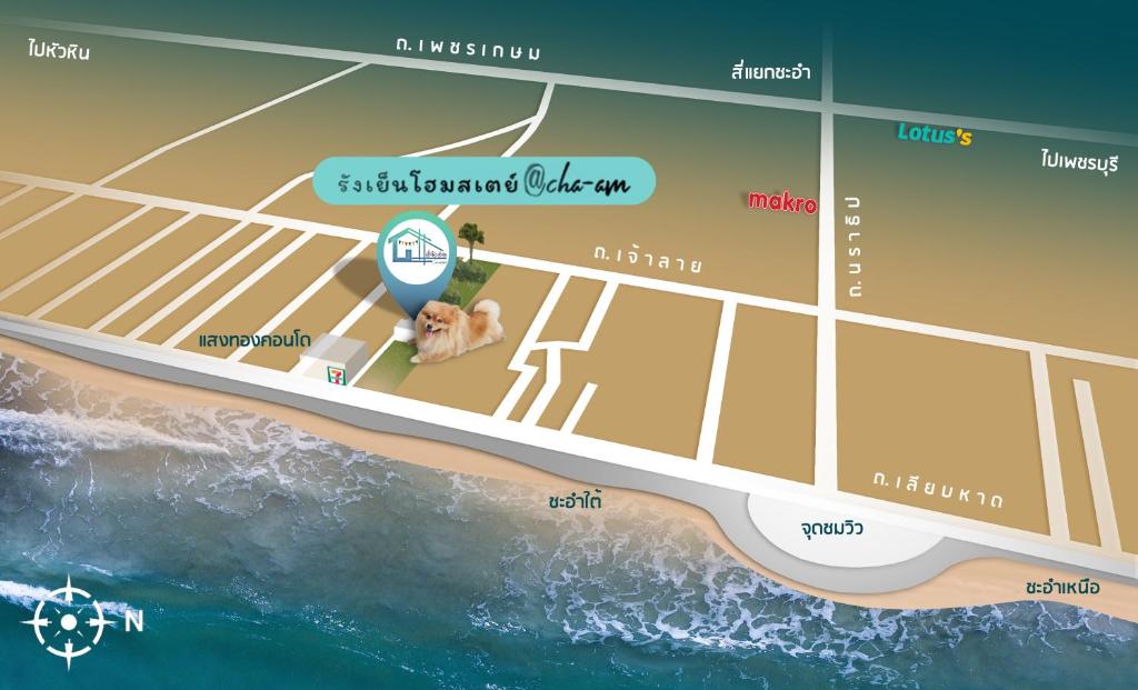 七岩Rangyen Homestay Cha-Am รังเย็น的海滩上携带狗的海滩地图
