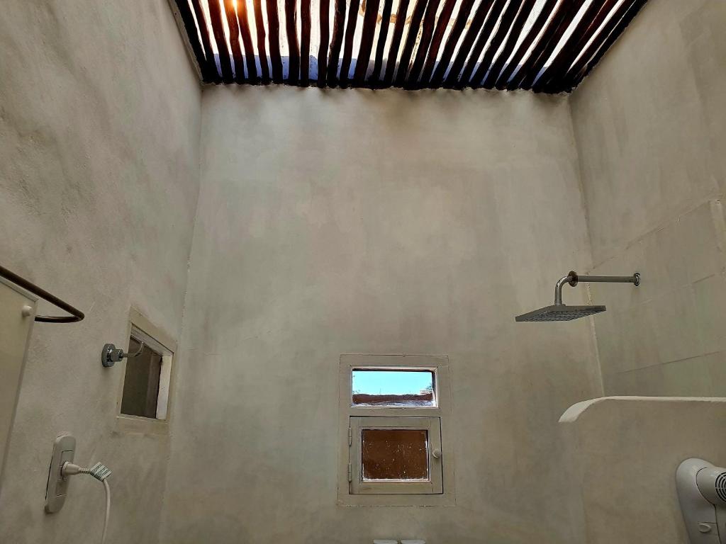 蒂尔卡拉Los tarcos Guest House LOFT TILCARA的带淋浴的浴室和窗户。