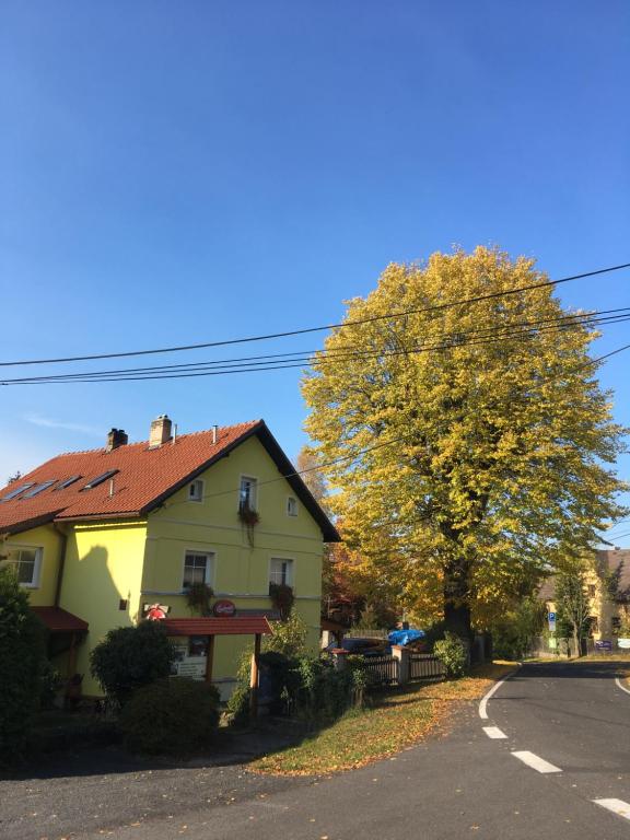 亚诺夫Pension U Rytíře的黄房子和路边的树
