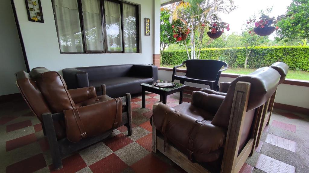 蒙特内哥罗Finca Hotel El SAMAN de alto bonito的一间设有皮革家具和窗户的等候室
