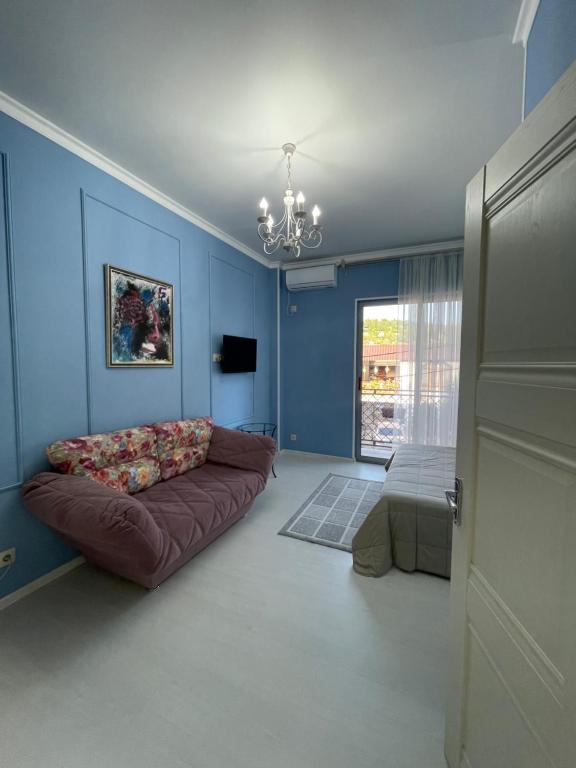 苏呼米Mini Hotel 7 Street的带沙发和蓝色墙壁的客厅