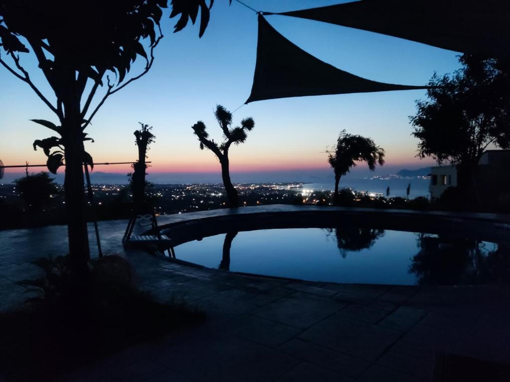 帕萨里迪Yiorgos, amazing sunset view house的棕榈树游泳池的黄昏美景