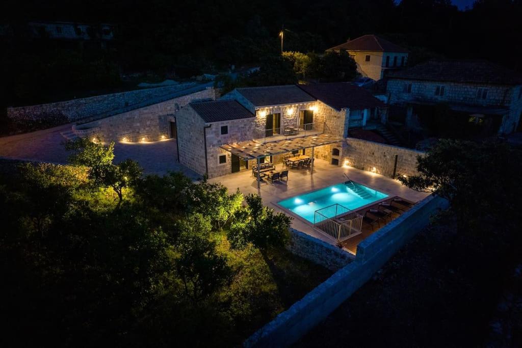 格鲁达Villa Marlea Konavle Dubrovnik的享有房子顶部的景色,晚上设有游泳池