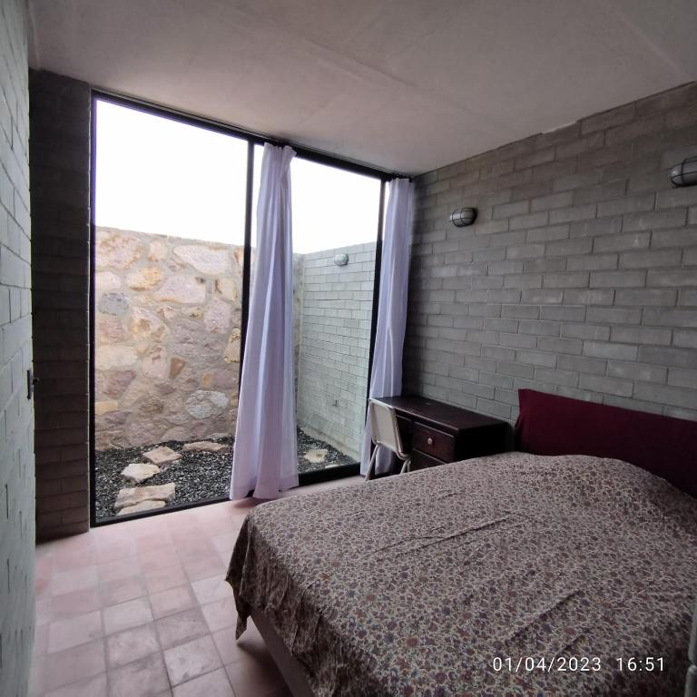 瓜纳华托Hab Sencilla en casa Pera的一间卧室设有一张床和一个大窗户
