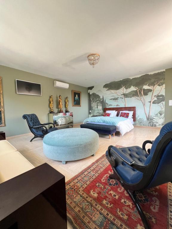 阿维尼翁Villa Pauline的一间卧室配有两张床和两把椅子