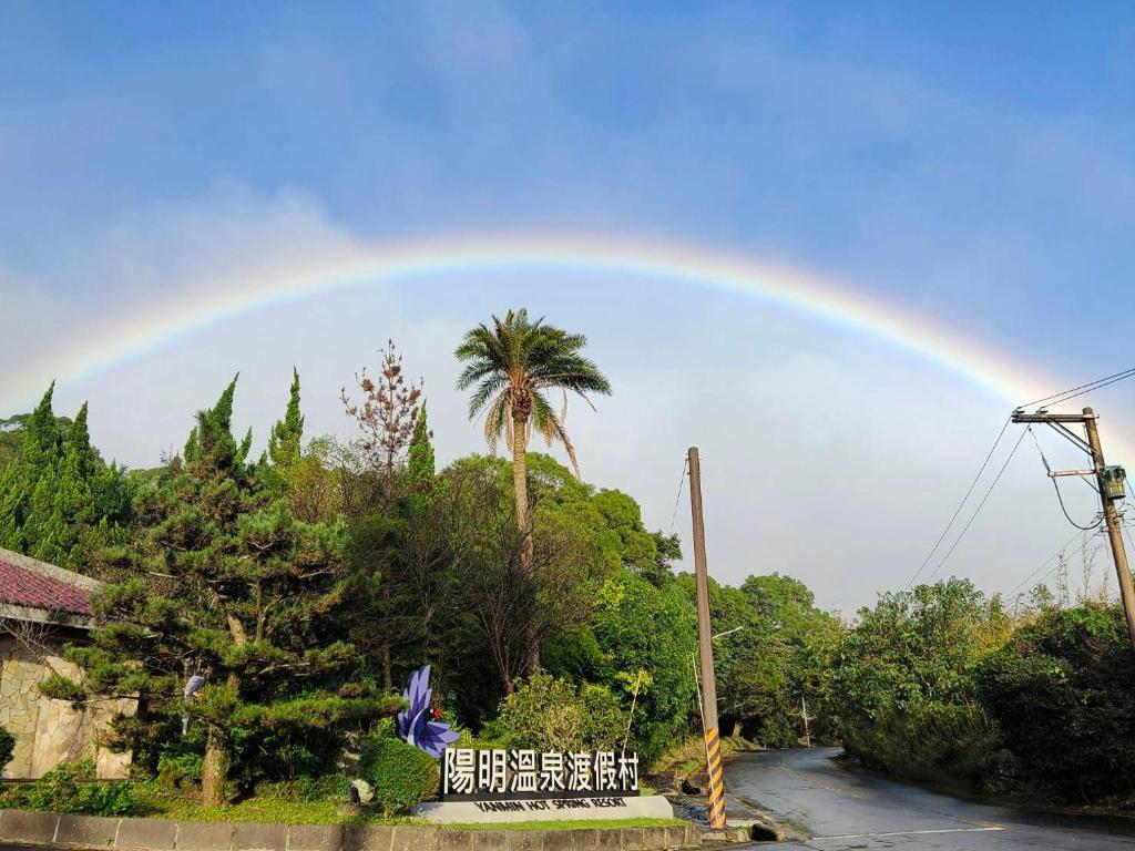 台北阳明温泉度假村的棕榈树下天上的彩虹