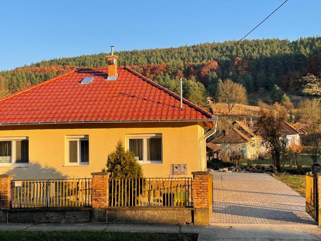 比克克塞克Kristóf Vendégház的黄色的房子,有红色的屋顶和栅栏