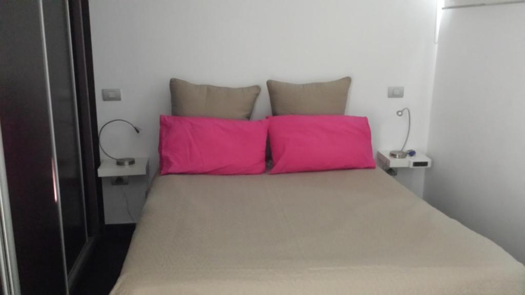 英格兰海滩Apartamento Paco的一张带两个粉红色枕头的床