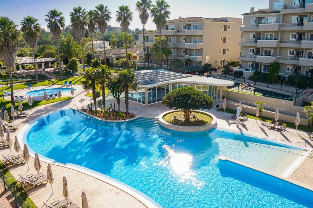 波尔蒂芒维托尔广场酒店的享有棕榈树和建筑的游泳池的顶部景致