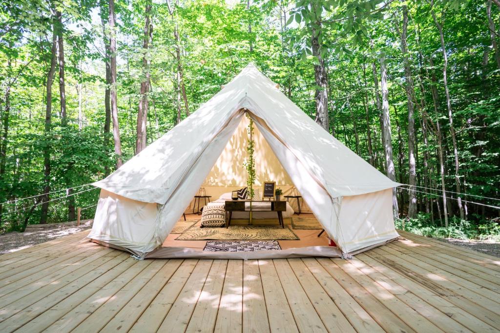 Miller LakeGrotto Getaway的树林甲板上的帐篷