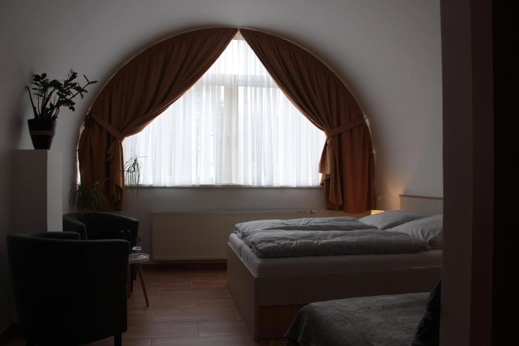 玛丽亚温泉Penzion u Pidly的一间卧室设有两张床和大窗户