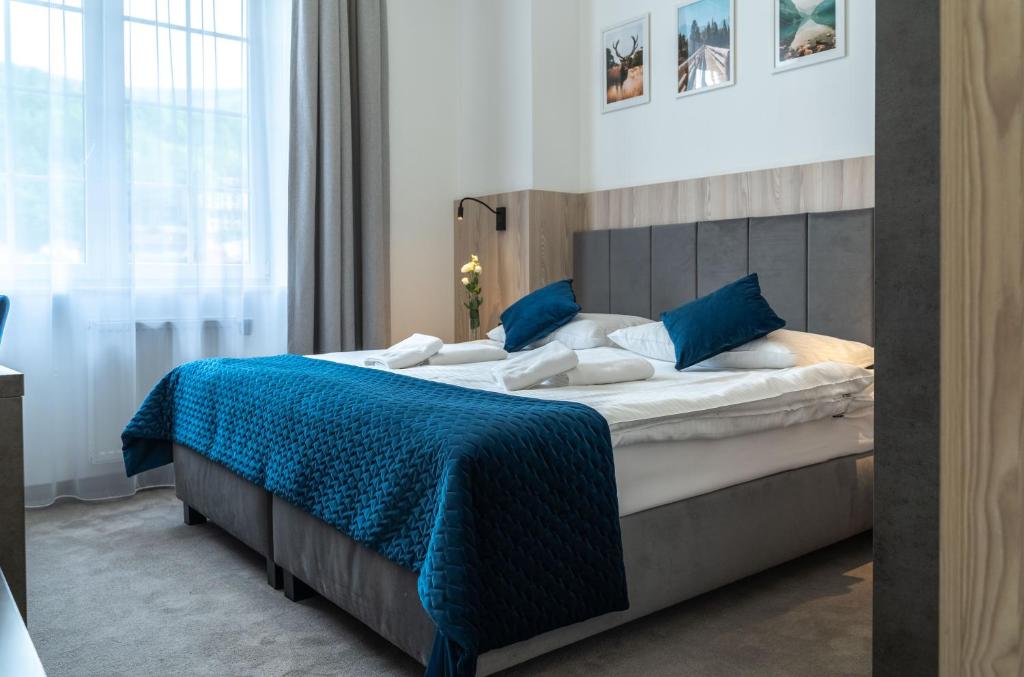 什切尔克阿尔品酒店的一间卧室配有一张带蓝色毯子的大床