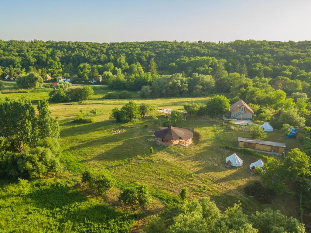 BálványosSzellős Rét Camping的享有带帐篷和树木的农场的空中景致
