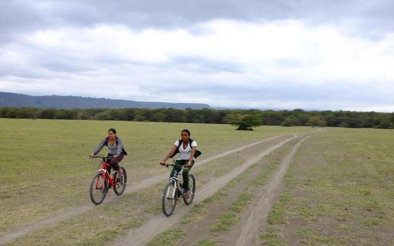 Kilimanjaro Mountain View Campsite的两个人骑着自行车在土路上