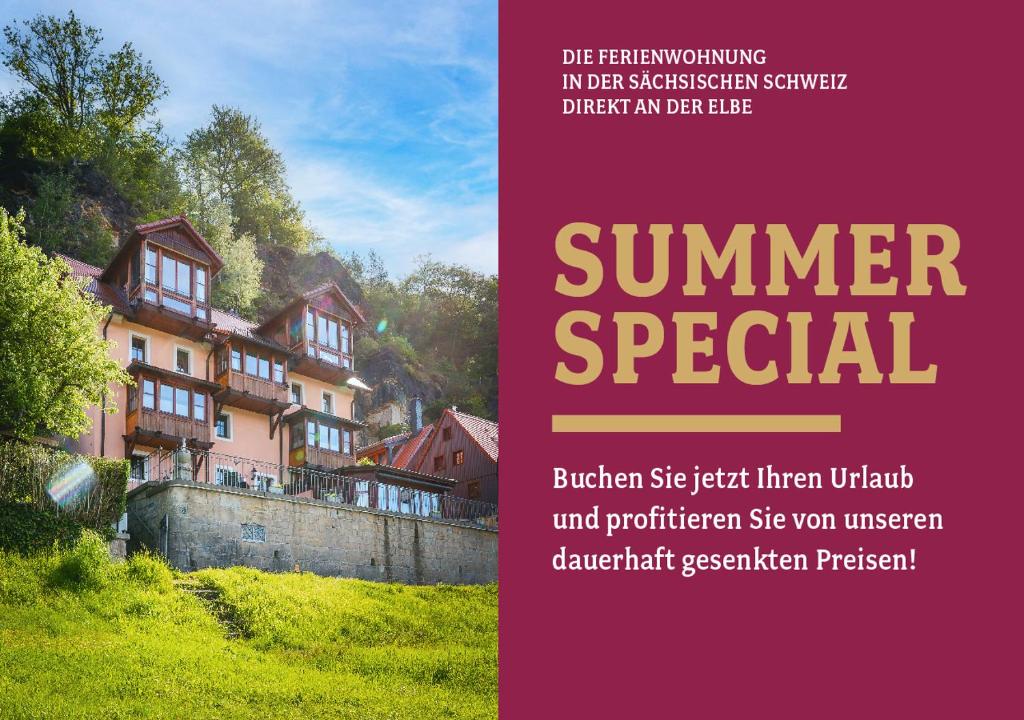 拉特诺Ferienwohnungen Alte Destillerie Rathen的夏季特价的传单,附有房子的照片