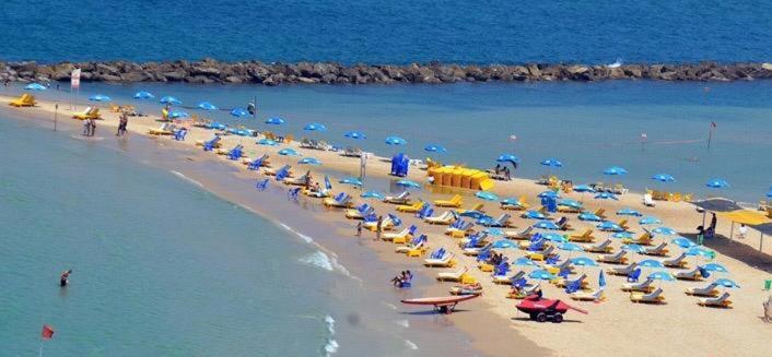 内坦亚Coral guest house Netanya的海滩上放着一把遮阳伞,上面有人