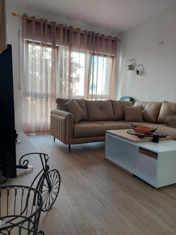 地拉那Gex apartments的带沙发和咖啡桌的客厅