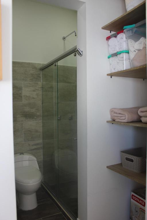 科韦尼亚斯Coveñas Hermoso Apartamento familiar en caribe campestre的一间带卫生间和玻璃淋浴间的浴室