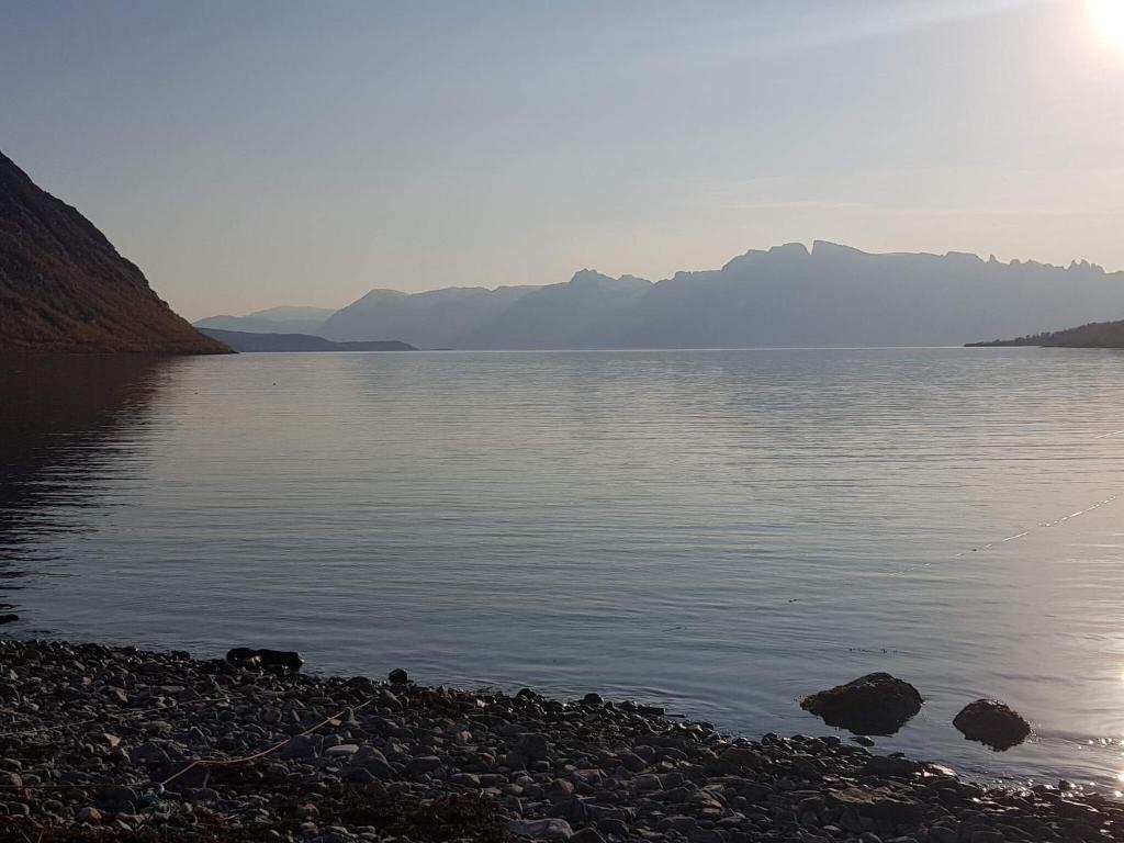 SpildraHoliday home Reinfjord的一大片水体,背景是群山