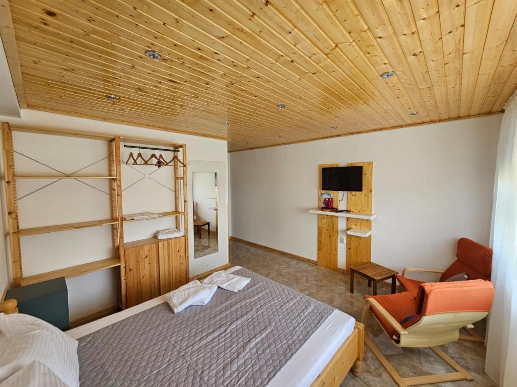 苏利纳Casuta Noastra - Sulina的一间卧室,卧室内配有一张床和一把椅子