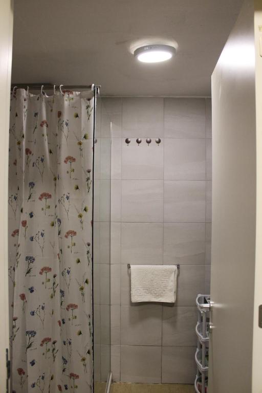 马夫罗沃Domini LakeView Apartment的带淋浴和浴帘的浴室