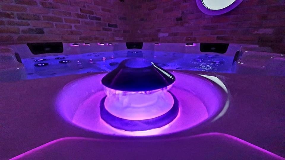 RuminghemBulles d'un soir Gite SPA的紫色的灯光照在桌子上,上面放着碗