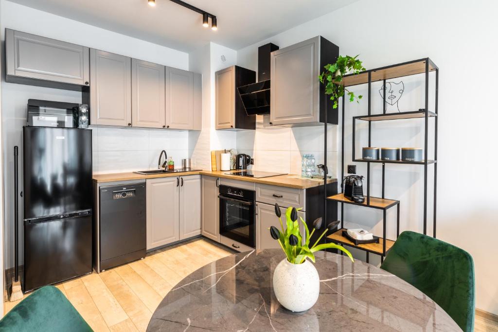 索斯诺维茨Green Harmony Apartment的厨房配有桌子和黑冰箱。
