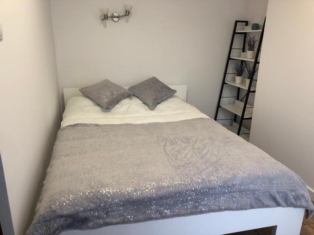 鲁特罗Apartamenty Harnaś的一间卧室配有一张带灰色毯子的床