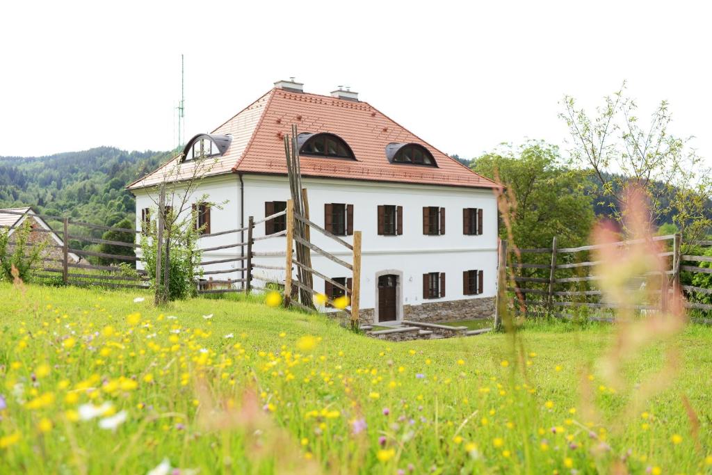 RejÅ¡tejnFara Rejštejn的一座白色的房子,在田野上有一个红色的屋顶