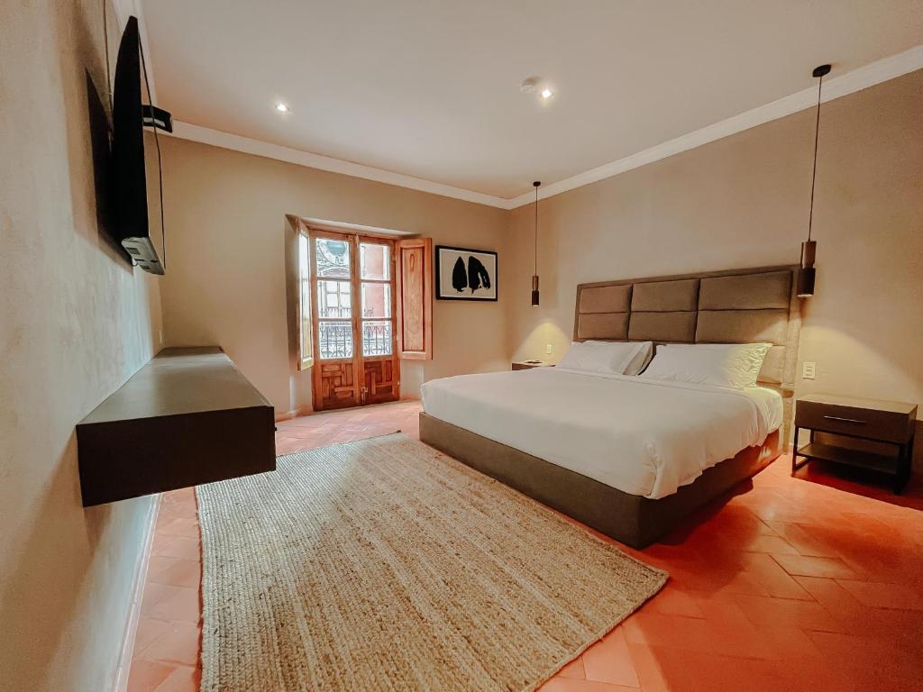 圣米格尔-德阿连德Mikaella Hotel的一间卧室配有一张床、一台电视和一张地毯。