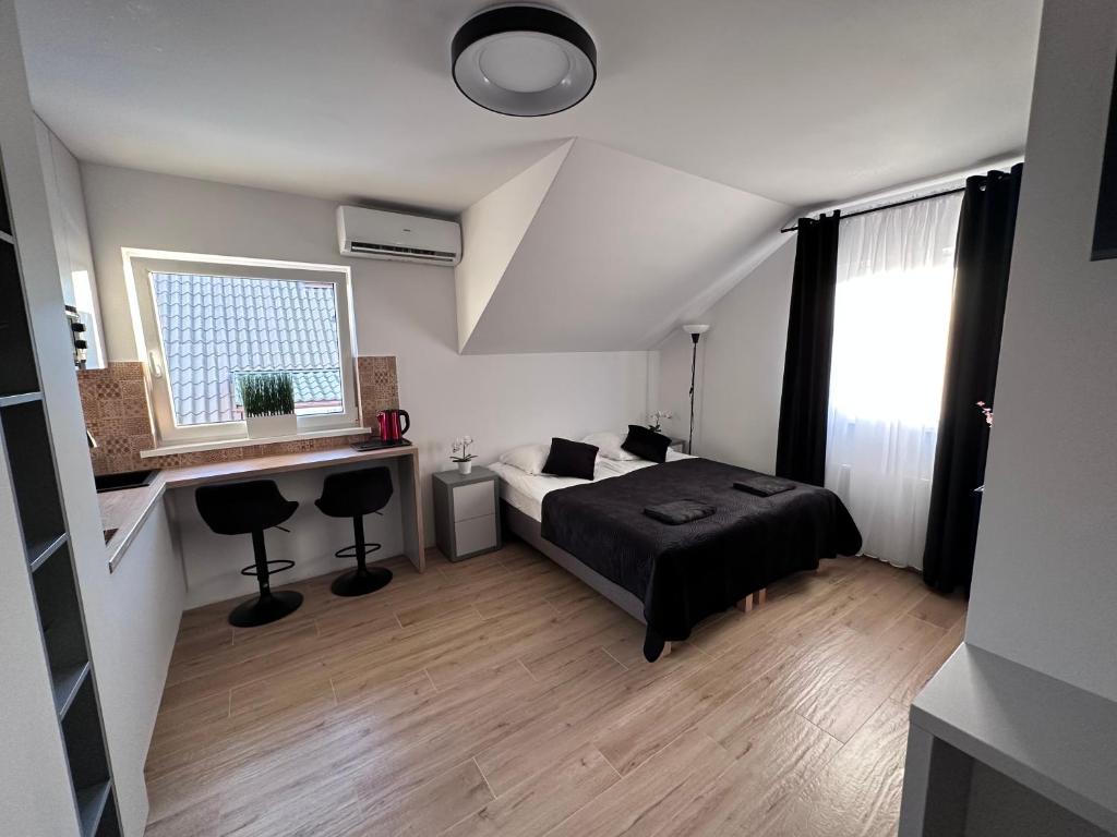 德兹维济诺NT Holiday的一间卧室配有一张床、一张书桌和一个窗户。