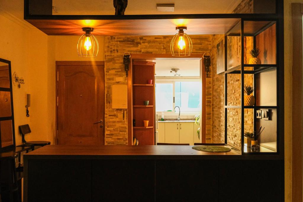 维戈Alojamiento Pichi的厨房配有台面,上面有两盏灯
