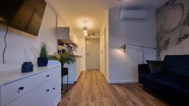 斯诺科Apartament nad zalewem 217的一间带黑色沙发的客厅和一间厨房