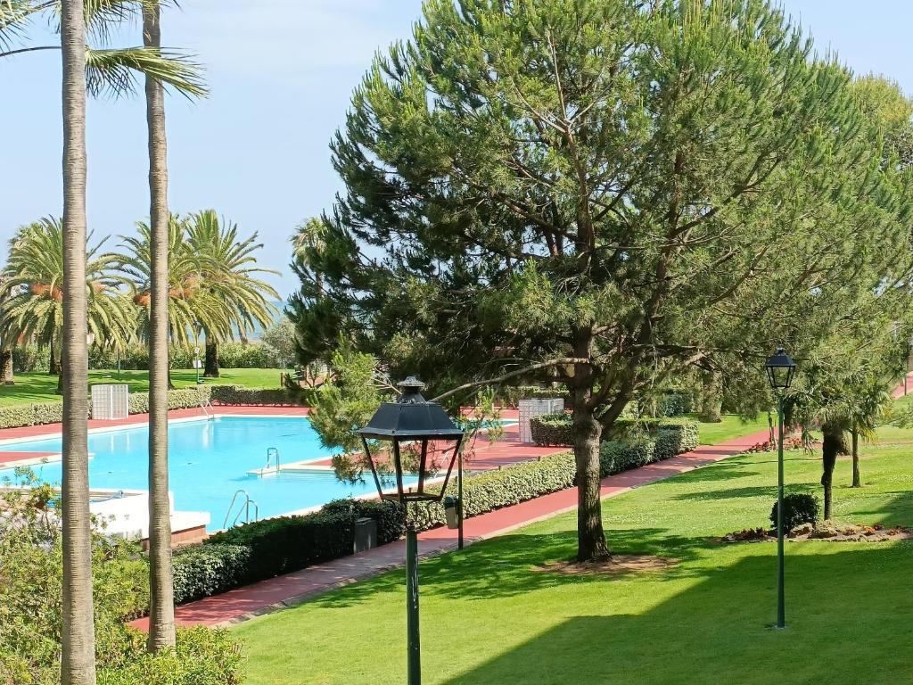 卡内拉岛Apartamento premium un dormitorio ALCAUDON的棕榈树和街灯公园内的游泳池